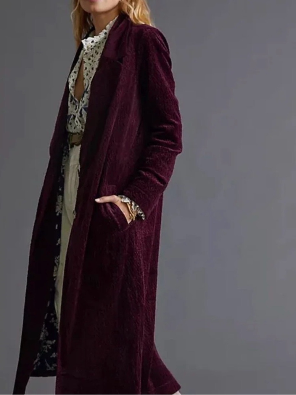 Anthropologie Floral Lined Corduroy Jacket in Burgundy